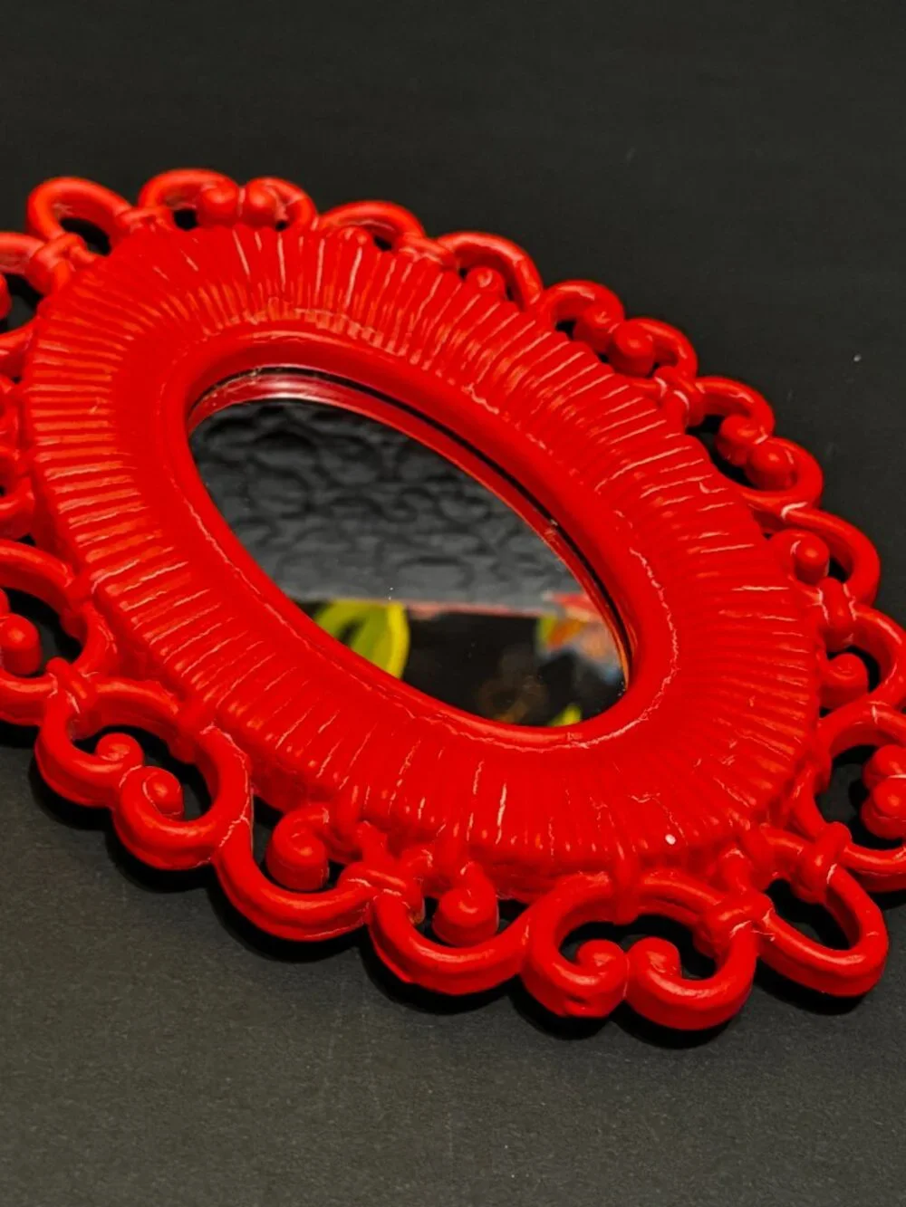 Homco x Syroco Dart Faux Rattan Oval Wall Mirror 2618, Red, Vintage Circa 1970